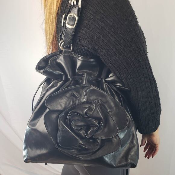 Oxone Paris VINTAGE Rose Embellished Leather Shoulder Drawstring Bucket Bag - Picture 7 of 16